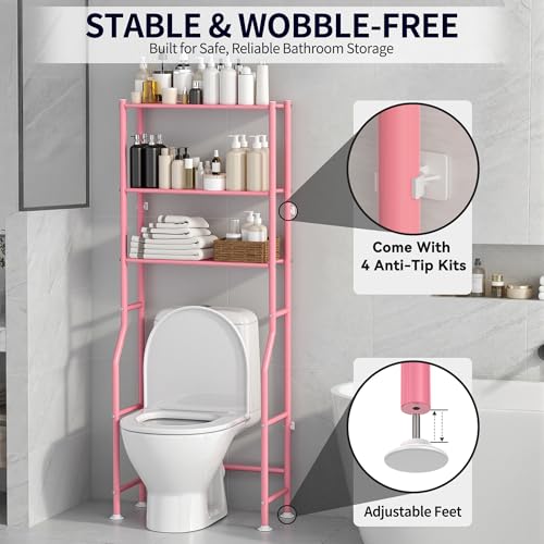 3-Tier Over The Toilet Storage, Freestanding Metal Bathroom Shelves, Space Saver Above The Over Toilet Storage Shelf for Bathroom (Pink) - color: Pink