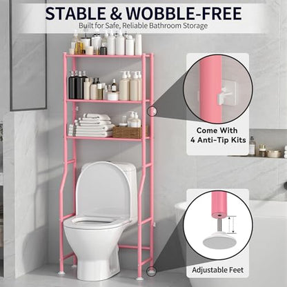 3-Tier Over The Toilet Storage, Freestanding Metal Bathroom Shelves, Space Saver Above The Over Toilet Storage Shelf for Bathroom (Pink) - color: Pink