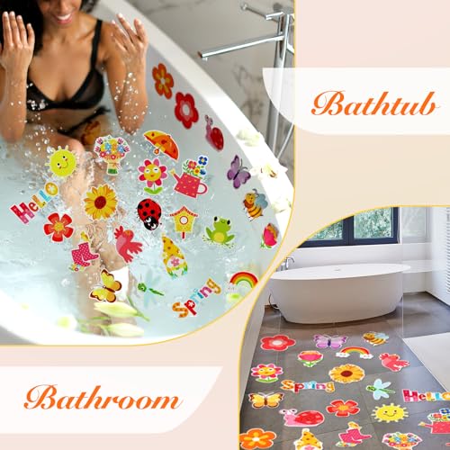 Yaomiao 24 Pcs Non Slip Bathtub Stickers Shower Stickers Flower Bee Anti Slip Decal Threads Adhesive Appliques with Scraper Adhesive Decals for Safety Bathroom Tubs, Shower Floor, Stairs - style: Spring