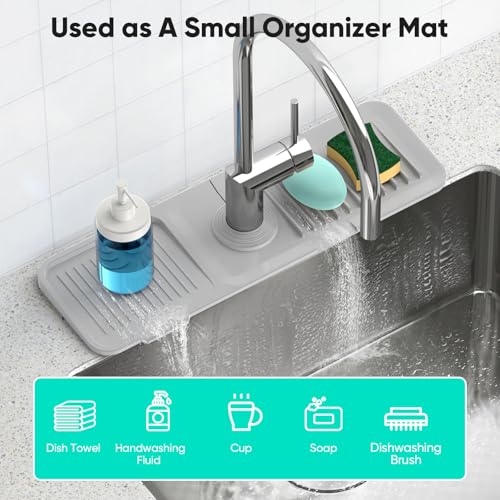 17.7'' Faucet Mat for Kitchen Sink [5°Slope Fast Self-draining] Kitchen Sink Splash Guard Silicone Sink Faucet Mat Splash Guard Kitchen Sink Area Tidy Splash Faucet Guard Draining Mat-Light Gray - color: Light Gray, size: 17.7" x 5.5"