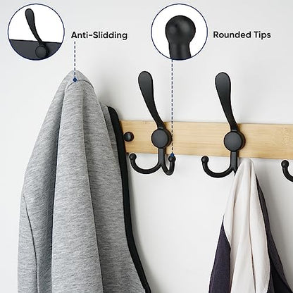 TICONN Wall Mounted Coat Rack, Five Heavy Duty Tri Hooks All Metal Construction for Jacket Coat Hat in Mudroom Entryway (Wood Black, 2-Pack) - color: Wood Black