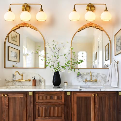 Brushed Gold Bathroom Light Fixtures 3-Lights Vanity Lights with Milky White Frosted Glass Shade Bathroom Vanity Light 22.4 inch Wall Sconce Lighting Bath(Exclude E26 Bulb) - color: Gold & Milky White, size: 3 Light