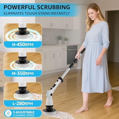 Electric Spin Scrubber, 3 Speeds 8 Heads Bathroom Cleaning Brush | 6-Angle Adjustable Head, 54" Extendable Handle, IPX6 Waterproof, Cordless, Shower Cleaner Brush for Tub Grout Tile Floor Car - size: Upgraded