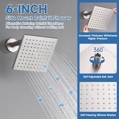 Dual Rainfall Shower Head System Brushed Nickel, 3-Function Push Button Shower Faucet Set with 12" Wall Mount Rain shower head and 6" Wall Mount Shower Head, Pressure Balance Rough-in Valve - color: Brushed Nickel, style: Wall Mount