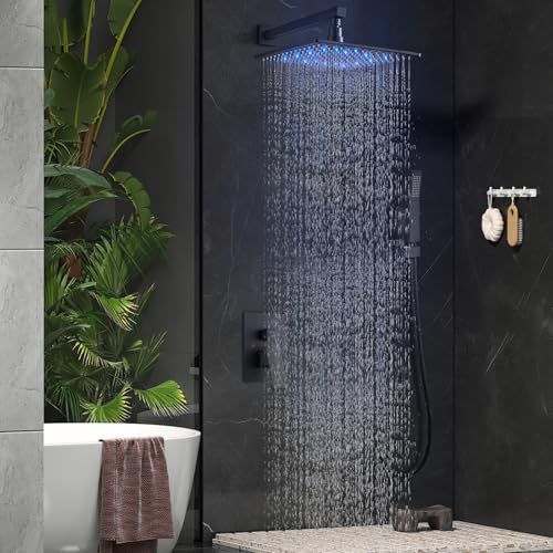 Aolemi Shower Faucet Set with Valve Handheld 16" LED Head Matte Black | Handheld Spray,16 Inch Rain LED Head,Valve and Trim Kit,All Metal,Wall Mount Shower System,Bathroom Mixer - color: Black, size: 16 Inch LED Shower Head