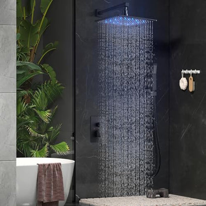 Aolemi Shower Faucet Set with Valve Handheld 16" LED Head Matte Black | Handheld Spray,16 Inch Rain LED Head,Valve and Trim Kit,All Metal,Wall Mount Shower System,Bathroom Mixer - color: Black, size: 16 Inch LED Shower Head