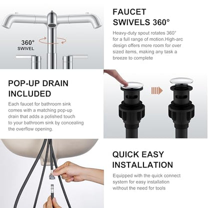 Chrome Centerset Bathroom Faucet with Pull Down Sprayer 3 Hole 4 Inch | Pull Out Bathroom Faucet with Pop Up Drain & Supply Lines, Lead-Free cUPC & NSF Certified, 4 Inch Faucet for Vanity RV Sink - color: Chrome