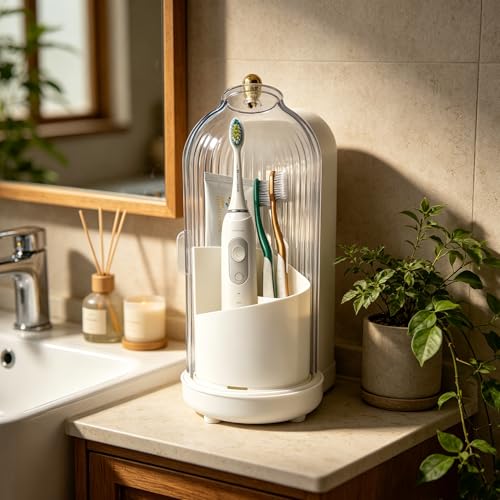 Dustproof Toothbrush Holders with Cover, Rotating Drainage Electric Toothbrush Organizer for Bathroom, 3 Slots Makeup Brush Holder with Sliding Lid for Vanity (Pure White) - color: Pure White