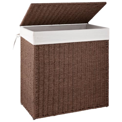 OIAHOMY Laundry Hamper with Lid, 110L(29.1 Gal) Large Wicker Laundry Basket for Bedroom, Handwoven Paper Rope Clothes Hamper with Washable Liner & Metal Frame, Decorative organizer for Bathroom Brown - color: Brown, size: 110L