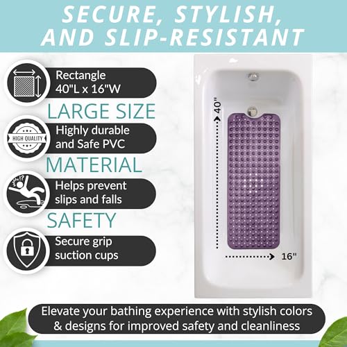 ENKOSI Non-Slip Bath & Shower Mat 40x16 Extra Long, Suction & Drain Holes | Purple color; Durable PVC; 40x16 in, Purple - color: Purple