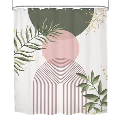 Sage Green Mid Century Pink Boho Abstrac Leaf Bathroom Shower Curtain Set | Bohemian Tropical look; 60"W x 72"L. waterproof HD print, quick-dry fabric and free hooks for easy setup. - color: A-07pink Green, size: 60"W x 72"L (Pack of 1)