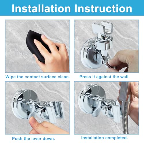 Adjustable Shower Head Holder, Chrome | Wall Mount, Strong Suction Handheld Bracket, Universal Bathroom Mount, For Marble Glass Metal Ceramic