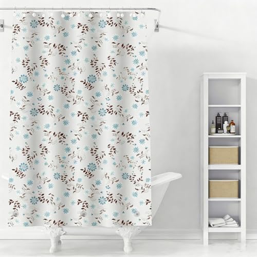 TIKABC Shower Curtain Liner, White Flower 4G PEVA Shower Liner, Plastic Waterproof Shower Curtains, 72x72 inch with Grommet Holes 3 Magnetic Weights - color: Black Leaf Blue Flower