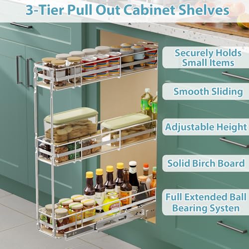 Pull Out Spice Rack Cabinet Organizer 5" W x 20½" D, 3 Tier Heavy Duty Slide Out Wood Shelf for Narrow Cabinet, Pull Out Storage for Kitchen - size: 5" W x 20½" D