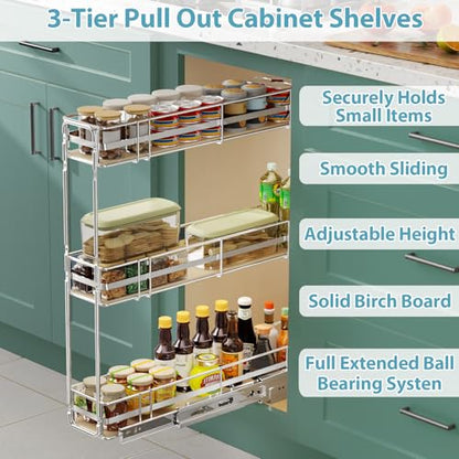 Pull Out Spice Rack Cabinet Organizer 5" W x 20½" D, 3 Tier Heavy Duty Slide Out Wood Shelf for Narrow Cabinet, Pull Out Storage for Kitchen - size: 5" W x 20½" D