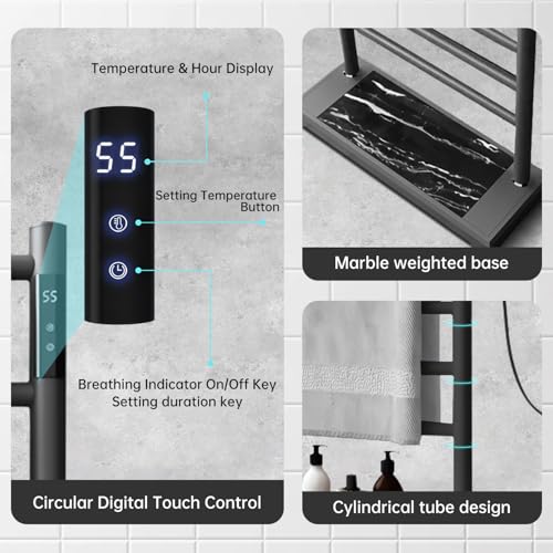 Freestanding Heated Towel Rack with Heavy Marble Base, 8-Bar Heating Towel Rack Adjustable Temperature 115-155°F with Timer and LED Display Clothes Drying Rack for Bathroom (Grey)