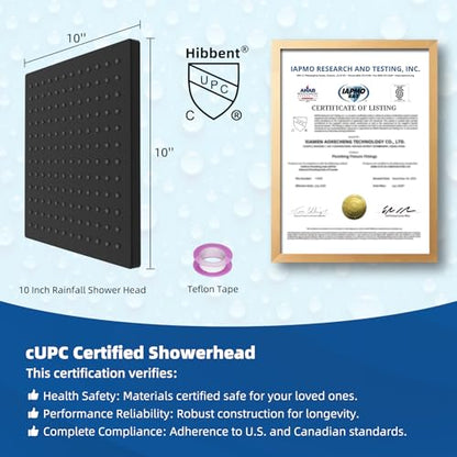 Hibbent cUPC Certified High Pressure 10'' Rain Shower Head, Matte Black | Metal Square Bathroom Waterfall Thickness Shower Heads, High-flow Fixed Rainfall Showerheads, Adjustable Brass Ball Joint - color: Matte Black, style: Square 10''