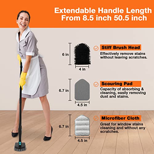 3 in 1 Scrub Cleaning Brush with Long Handle 51'' - Shower Bathtub (Black) | Tub & Tile Scrubber Brush of 1 Stiff Brush Head & 3 Scouring Pads & 3 Microfiber Clothes, for Wall Bathroom Glass Bathtub - color: Black