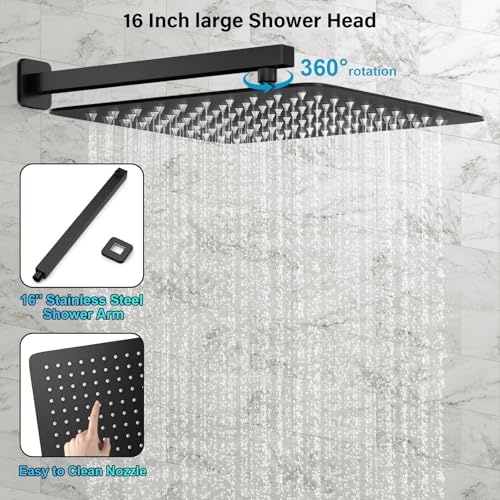 FPXRNG Shower Faucet Set Rainfall Shower System with Square Shower Head and Handle Set Rough-in Valve and Metal Trim Kit Included Matte Black 16 Inch Wall Mounted Shower Fixtures - color: Matte Black, size: 16 Inch Wall Mount Shower Head