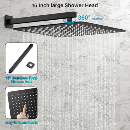 FPXRNG Shower Faucet Set Rainfall Shower System with Square Shower Head and Handle Set Rough-in Valve and Metal Trim Kit Included Matte Black 16 Inch Wall Mounted Shower Fixtures - color: Matte Black, size: 16 Inch Wall Mount Shower Head
