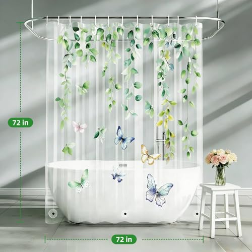 Clear Eucalyptus Leaves Butterfly Shower Curtain Liner, Plastic Transparent Green Plant Shower Curtains for Bathroom, 72x72 Weighted Magnetic Shower Curtain Set with 12 Hooks - color: Clear Eucalyptus Leaves, size: 72"W x 72"L (Pack of 1)