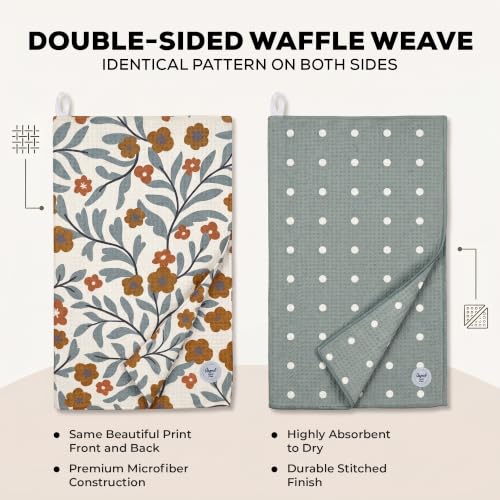 Kitchen Towels, Dish Towels for Kitchen, 2 Pc Kitchen Towel Set | Microfiber Waffle Towels, 16 x 26 inches, with Hanging Loops, Reusable Tea Towels, Cute Kitchen Towels - 2 Pack - color: Green Floral and Dots