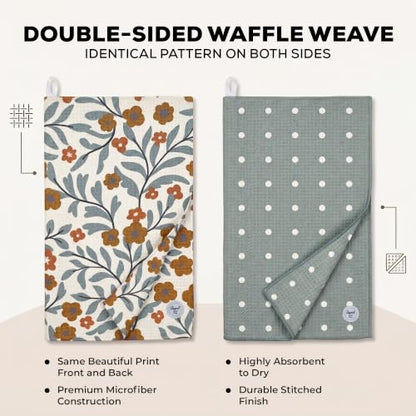 Kitchen Towels, Dish Towels for Kitchen, 2 Pc Kitchen Towel Set | Microfiber Waffle Towels, 16 x 26 inches, with Hanging Loops, Reusable Tea Towels, Cute Kitchen Towels - 2 Pack - color: Green Floral and Dots
