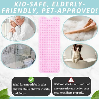 ENKOSI Non-Slip Bath & Shower Mat 40x16 Extra Long, Suction & Drain Holes | Clear Pink look; Durable PVC; 40x16 in, Clear Pink - color: Clear Pink