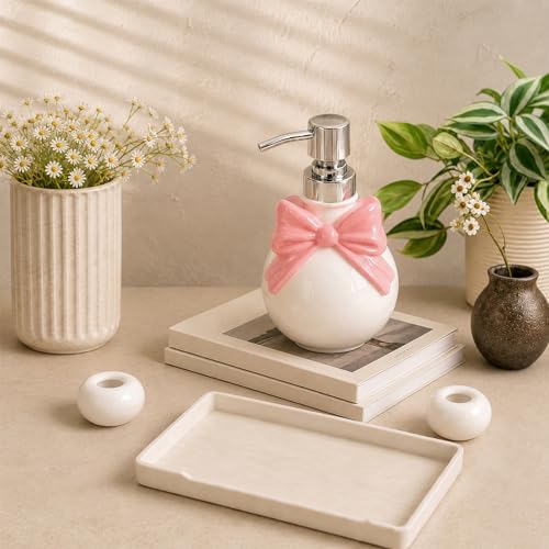 Pink Bathroom Accessories Ceramic Pink Bow Bathroom Set for Bathroom Vanity - Includes Tray, Soap Pump, Toothbrush Holder - color: Pink