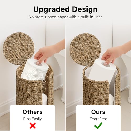 StorageWorks Seagrass Free Standing Toilet Paper Holder Stand for Bathroom, 3 Rolls of Toilet Tissue Storage with a Built-in Cloth Lining, Toilet Roll Holder Stand with Lid | 3 Rolls of Toilet Tissue Storage with a Built-in Cloth Lining, Toilet Roll Holde