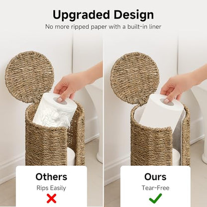 StorageWorks Seagrass Free Standing Toilet Paper Holder Stand for Bathroom, 3 Rolls of Toilet Tissue Storage with a Built-in Cloth Lining, Toilet Roll Holder Stand with Lid | 3 Rolls of Toilet Tissue Storage with a Built-in Cloth Lining, Toilet Roll Holde