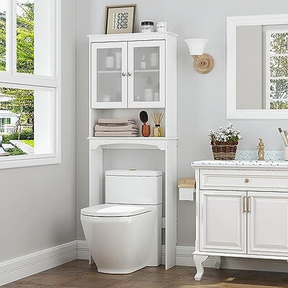Spirich Over the Toilet Storage Cabinet with Tempered Glass Doors, White | Adjustable Shelf, Frosted Tempered Glass, Anti-Tip Fitting, 33-Inch Clearance for Standard Toilets, Bathroom Space Saver