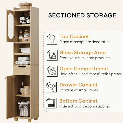 LIKIMIO 69" Tall Bathroom Cabinet with Drawer and Tissue Holder | Slim 11.8-inch footprint adds two doors, one drawer, adjustable shelves, and a pull-out tissue holder, Rustic White - color: Rustic White, size: Medium