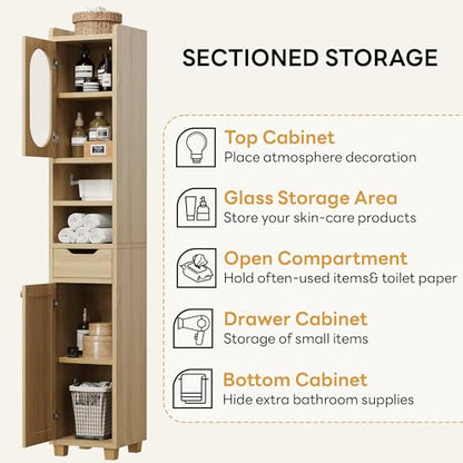 LIKIMIO 69" Tall Bathroom Cabinet with Drawer and Tissue Holder | Slim 11.8-inch footprint adds two doors, one drawer, adjustable shelves, and a pull-out tissue holder, Rustic White - color: Rustic White, size: Medium