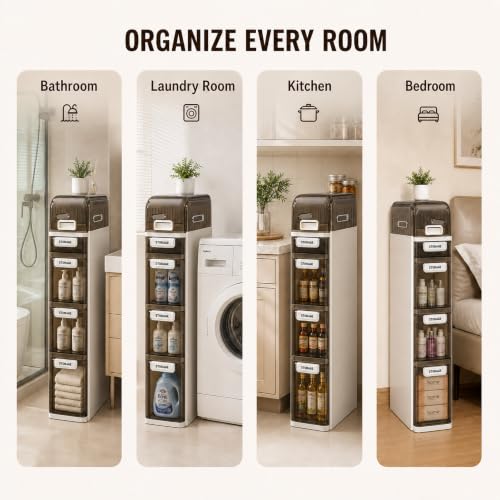 Slim Bathroom Storage Cabinet with Drawers – Narrow Waterproof Rolling Floor Organizer with Wheels, Space-Saving Gap Storage, No Assembly (5-Tier, 38.2" H) - size: 5-Tier, 38.2"H