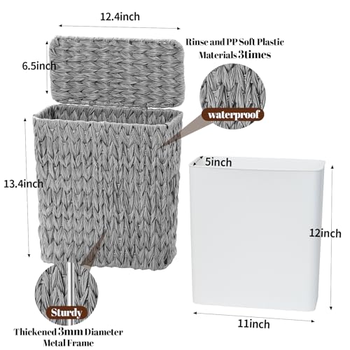Coeusy 3 Gallon Wicker Trash Can,Grey Bathroom Trash Cans with Lid,Waterproof Slim Waste Basket for Bedroom,Home Office,Narrow Garbage Can with Removable Liner - color: grey