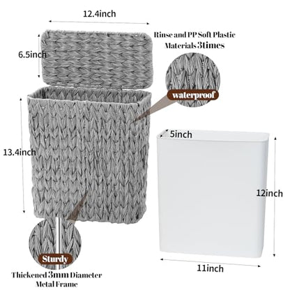 Coeusy 3 Gallon Wicker Trash Can,Grey Bathroom Trash Cans with Lid,Waterproof Slim Waste Basket for Bedroom,Home Office,Narrow Garbage Can with Removable Liner - color: grey