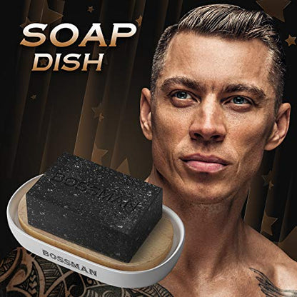 Bossman Soap Dish - Bathroom and Shower Soap Bar Holder - Premium Ceramic Base - Removable Natural Bamboo Soap Tray (White) - color: White