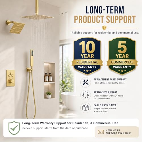 Thermostatic Dual Shower Head System, Brushed Gold Shower Faucet | 12 Inch Ceiling Rainfall Shower, 6 Inch Wall Mount Head, High Pressure Handheld Sprayer, Push Button Valve - color: Brushed Gold