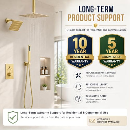 Thermostatic Dual Shower Head System, Brushed Gold Shower Faucet | 12 Inch Ceiling Rainfall Shower, 6 Inch Wall Mount Head, High Pressure Handheld Sprayer, Push Button Valve - color: Brushed Gold