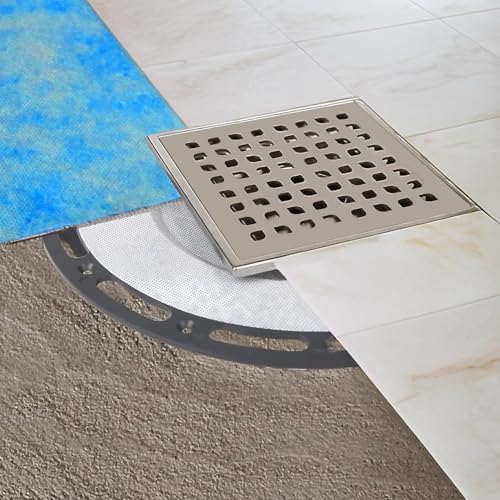 4-Inch Square Shower Drain Kit with Bonding Flange, Brushed Silver | Removable 304 stainless steel grate with hair strainer; fits 2- and 3-inch pipes for tiled shower floors and wet areas - size: 4in-Brushed Stainless Steel
