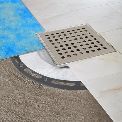 4-Inch Square Shower Drain Kit with Bonding Flange, Brushed Silver | Removable 304 stainless steel grate with hair strainer; fits 2- and 3-inch pipes for tiled shower floors and wet areas - size: 4in-Brushed Stainless Steel