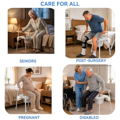 3-in-1 Bedside Commode for Seniors | 350lbs Reinforced Iron, Padded Seat & Arms, Height Adjustable Toilet Rails, Raised Toilet Seat with Bucket & Splash Guard