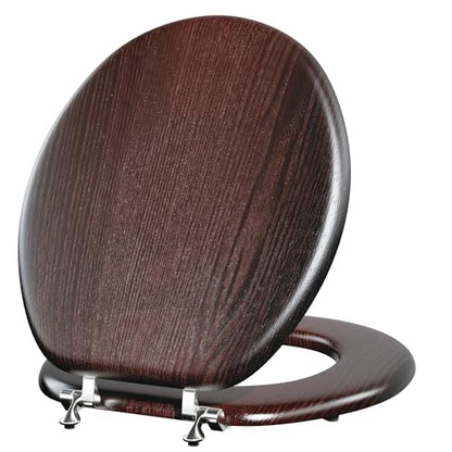 Round Wood Toilet Seat Support 400 lbs, Heavy Duty Wooden Toilet Seat with Natural Wood Veneer for Bathroom, Dark Walnut Toilet Lid with Chrome Hinges, Grip-Tight Bumpers, Easy Clean, Easy Install