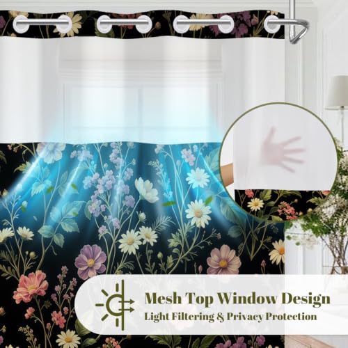 Dark Floral Shower Curtain with Snap in Liner & Tassels, 71W x 77L | No Hook Needed, Double Layer Waterproof Fabric with Mesh Top, Moody Botanical Wildflower Design for Boho Farmhouse Bathroom - color: Colorful Wildflowers