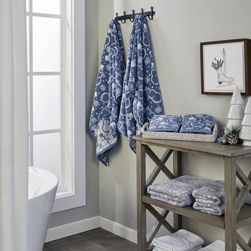 SKL Home Christmas/Winter Top Hat Snowmen Bath Towel, 100% Cotton, Blue | 550 GSM. Soft & absorbent. Reversible jacquard pattern. Great for use in the bathroom, kitchen or bar & gifting. - color: Top Hat Snowmen, style: Bath Towel