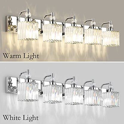 Ralbay Modern Crystal Bathroom Vanity Light 5 Light 40''Chrome Vanity Lighting Over Mirror Bathroom Wall Lighting Fixtures - color: Square-Chrome, size: 40 inch