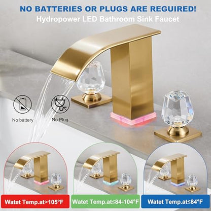 Brushed Gold Bathroom Faucet 3 Hole, 8-inch Widespread Vanity Faucet with LED Waterfall spout Gold for Bathroom Sink, Modern Vanity Faucet(Brushed Gold)