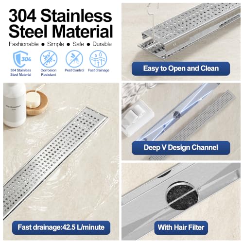 Neodrain 24" Linear Shower Drain, Polished 304 SS Bathroom Linear Drain | Polished Shower Drain with Quadrato Grate& Adjustable Feet, Long Rectangle Shower Floor Drain in Bathroom, Balcony etc,cUPC - color: Polished, size: 24 In