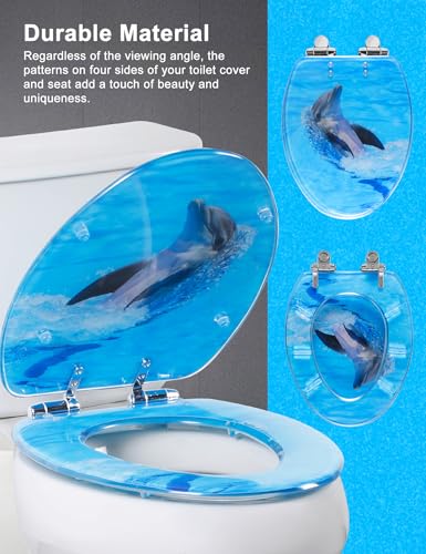 Angol Shiold ELONGATED Resin Soft Close Toilet Seat Dolphin 18.5Inch | Quick Release Heavy Duty Acrylic Decorative Toilet Seats Easy to Clean (Backstroke Dolphin) - color: Backstroke Dolphin